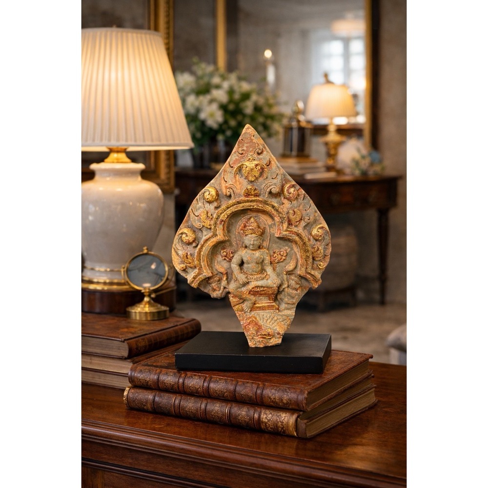 Thai Sandstone Temple Deva Fragment Gilding Traces Custom Mount on Black Plinth